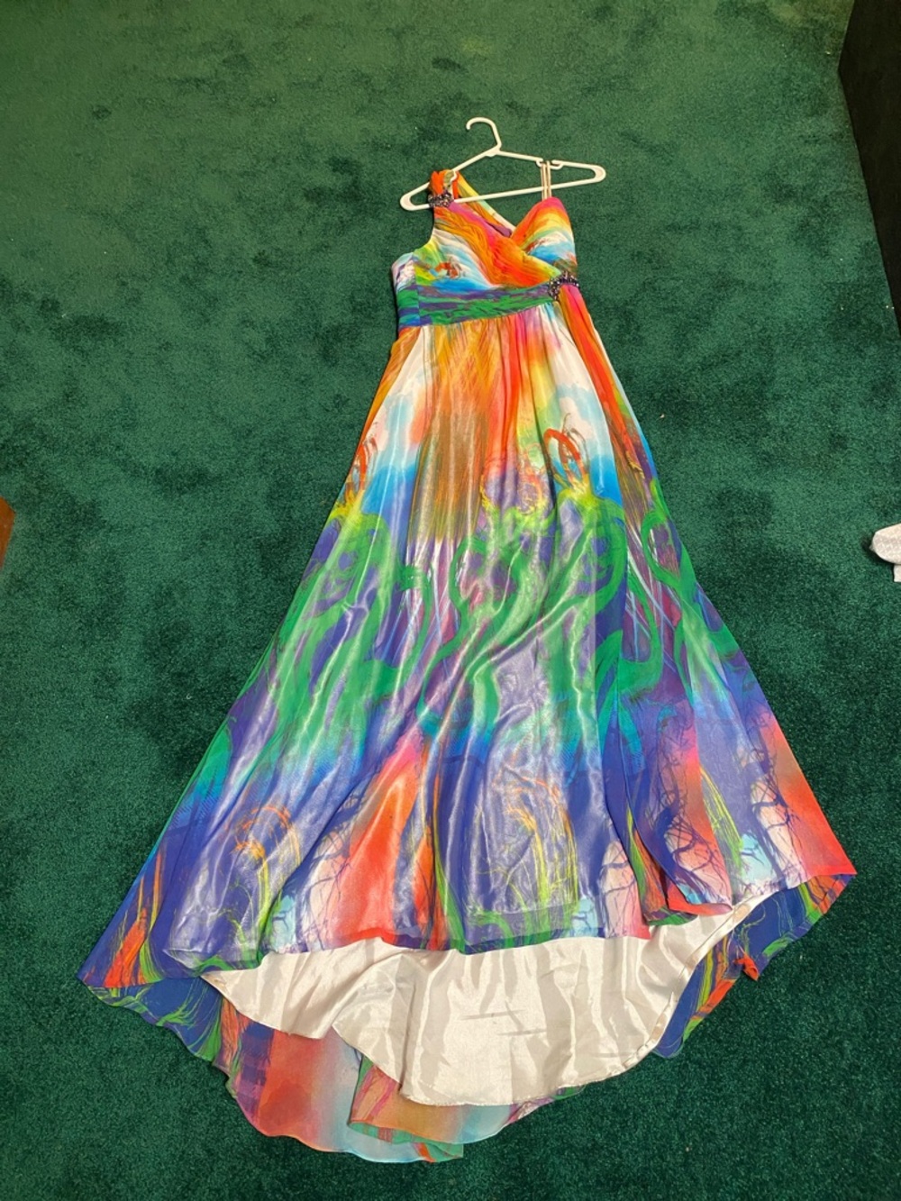 Faviana Multicolor High-Low Evening Gown (Orange, Green, Blue, Purple)